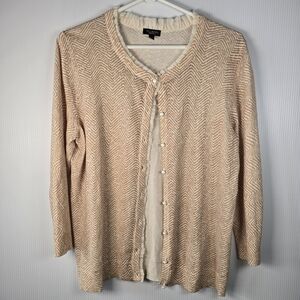 Talbots Womens Tan & White Chevron Zig-zag Crepe Ruffled Trim Cardigan Sweater L